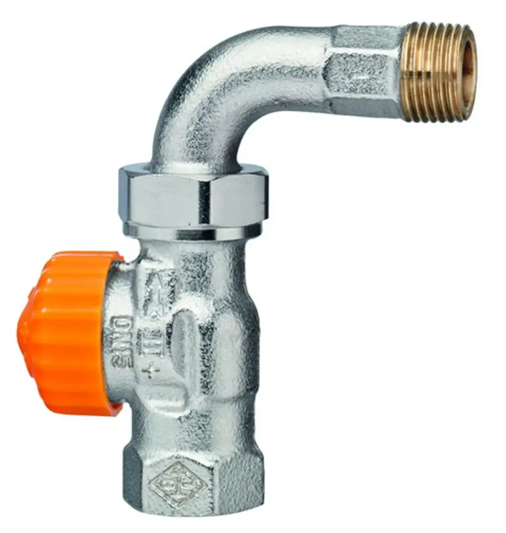Thermostat-Ventilunterteil mit Bogenverschraubung, hergestellt von IMI Hydronic Engineering. Metallisches Gehäuse mit orangefarbener Regelknopf.